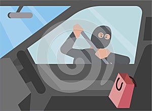 Car thief trying to break into a car with shopping bag, view from inside car flat illustration editable vector