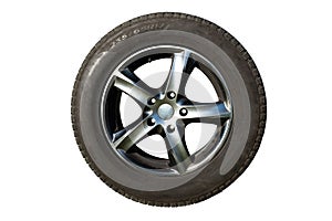 Car tire on an aluminum rim in silver color, isolated on a white background with a clipping path.