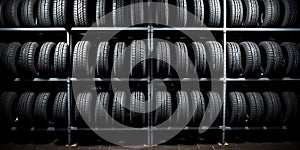 car tire background tyre pattern, tire line in shelves on wall, dark grey black banner, concept of tire selling buying business