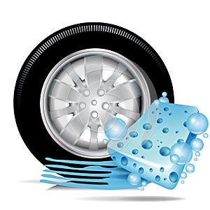 Car tire with blue sponge and water trace
