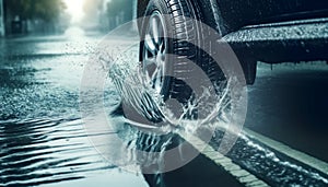 Car tire close-up as it moves through a large water puddle, creating ripples