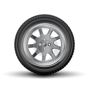 Car tire with a disk on a white background