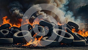 Car tire dump, tire storage yard fire, black smoke rising from the dump