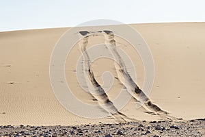 Car tire footprint in the sand