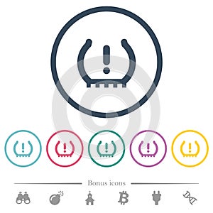 Car tire pressure warning indicator flat color icons in round outlines