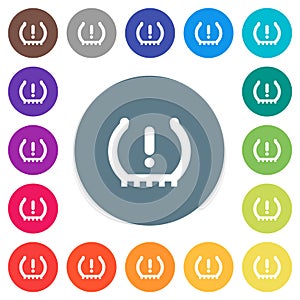 Car tire pressure warning indicator flat white icons on round color backgrounds