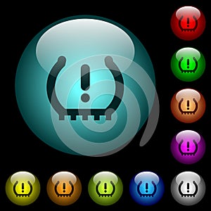 Car tire pressure warning indicator icons in color illuminated glass buttons