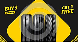 Car tire sale banner, buy 3 get 1 free. Car tyre service flyer promo background. Tire sale advertising