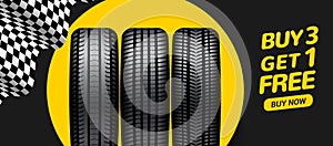 Car tire sale banner, buy 3 get 1 free. Car tyre service flyer promo background. Tire sale advertising