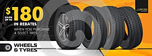 Car tire sale banner, buy 3 get 1 free. Car tyre service flyer promo background. Tire sale advertising. Wheels. Web design black r