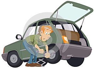 Car tire service. Auto mechanic is replacementing rim. Stock illustration