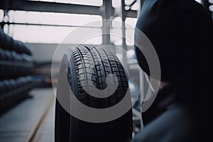 Car tire service and hands of mechanic holding new tyre. Neural network AI generated