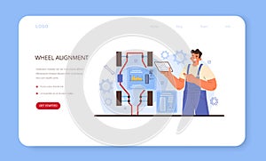 Car tire service web banner or landing page. Worker changing a tire