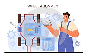 Car tire service. Worker changing a tire of a car. Alignment