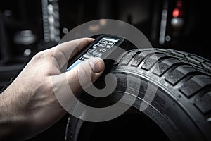 Car tire shop and service - mechanic holding new tyre on garage background