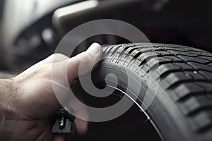 Car tire shop and service - mechanic holding new tyre on garage background