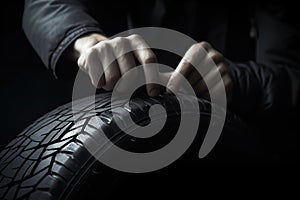 Car tire shop and service - mechanic holding new tyre on garage background