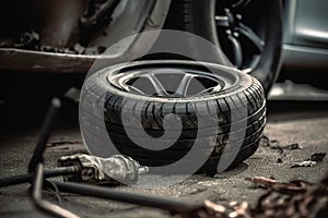 Car tire shop and service - new tyre on garage background