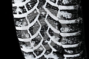 The car tire in the snow close up. Car tracks on the snow. Traces of the car in the snow. Winter tires. Tyres covered with snow at photo