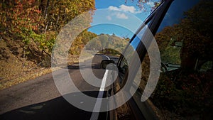 Car tire spinning while driving through bright autumn forest in sunny fall