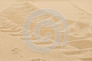 Car tire tracks on beach sand, closeup