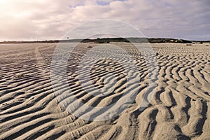 Car tire tracks on a sandy beach leads to Omey island.