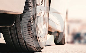 Car tire tread and tread depth. vehicle tire exterior view