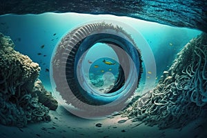 Car tire under the sea Pollution Illustration, Ocean Plastic Ecology Problem, Generative AI