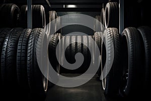 car tires arranged neatly on a warehouse shelf