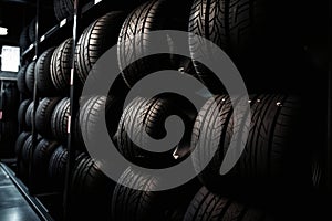 car tires arranged neatly on a warehouse shelf