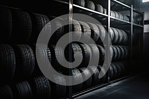 car tires arranged neatly on a warehouse shelf