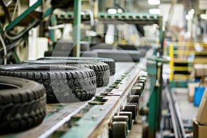 Car tires on assembly line in factory. Industrial manufacturing process