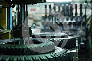 Car tires on assembly line in factory. Industrial manufacturing process