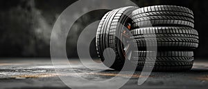 Car tires on black background with copy space, an illustrative concept for auto parts business and car repair shop.Generative AI