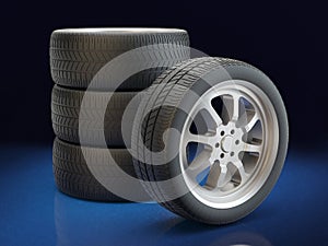 Car Tires on blue background, 3D illustration
