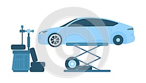 Car tires change in repair garage station, vehicle on lift of auto service center