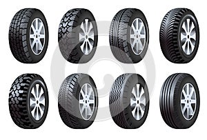 Car tires isolated icons, vehicle spare parts