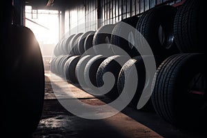 Car tires at large warehouse with a natural sunset backlight. Generative AI