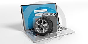 Car tires and rims on a laptop - white background. 3d illustration