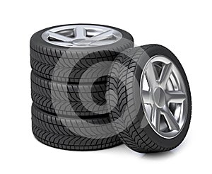 Car tires and rims. Stack of car wheels. isolated on white background. 3d render