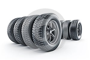 Car tires with rims on a white background