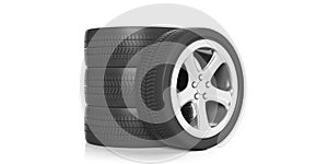 Car tires and rims on white background. 3d illustration