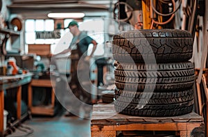 Car tires are stacked on wooden table in the background of mechanic in workshop