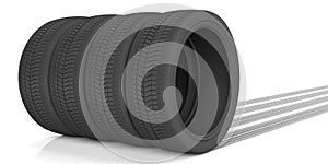 Car tires and traces on white background. 3d illustration