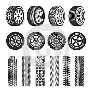 Car tires and track traces vector isolated icons of tire