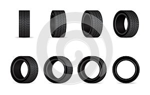 Car tires vector set. Different angles wheels isolated