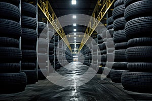 Car tires in a warehouse. 3d rendering toned image, Car tires at warehouse, AI Generated