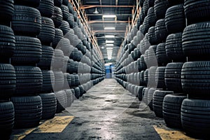 Car tires in a warehouse. Automotive industry. Industrial background, Car tires at warehouse, AI Generated