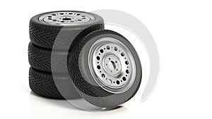 Car tires and wheels isolated on white background. 3D illustration