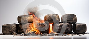 Car tires on a white background with a burning fire in the background